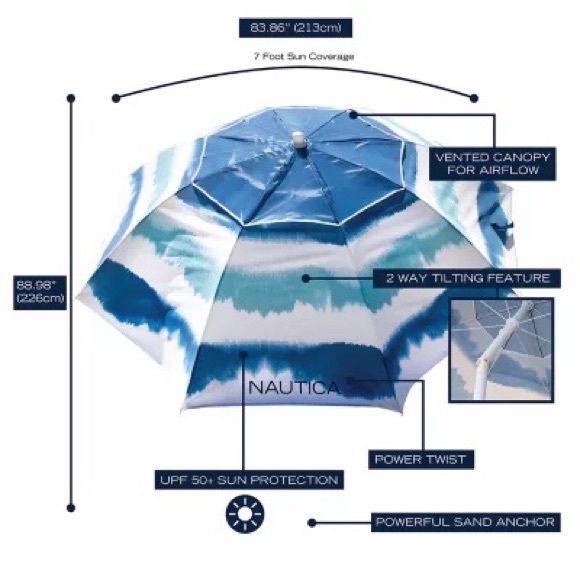 Nautica Beach Umbrella 7' of Full Coverage UPF 50+ Sun Protection Tie Dye - Picture 5 of 7